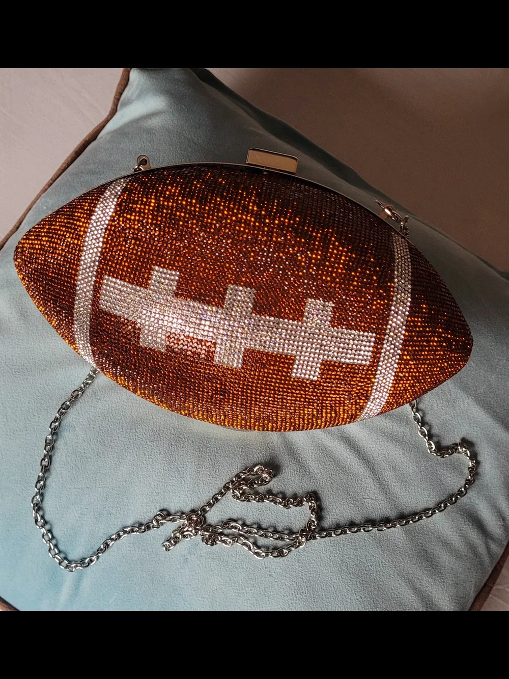 Crystal Beaded Football-Shaped Clutch Amber Brown and Silver with Chain Strap